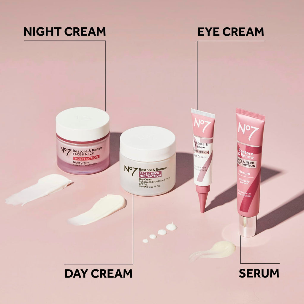No7 Restore & Renew Multi Action Night Cream for Face & Neck - Nighttime Face Moisturizer with Collagen Peptides