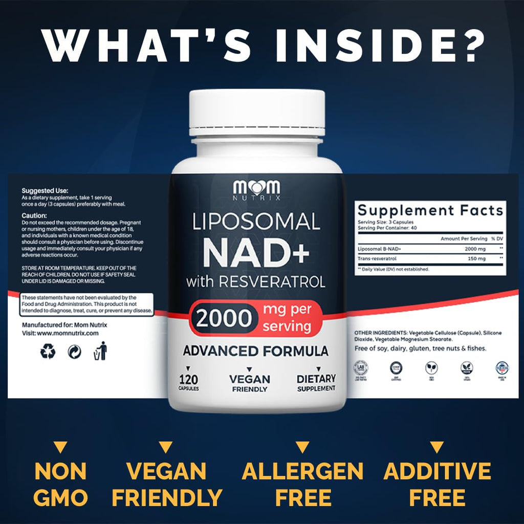 MOM NUTRIX Liposomal NAD Supplement with Resveratrol - High Purity NAD Plus 2000 mg, 120 Capsules, Made in The USA - NMN Alternative MOM NUTRIX Au supplements