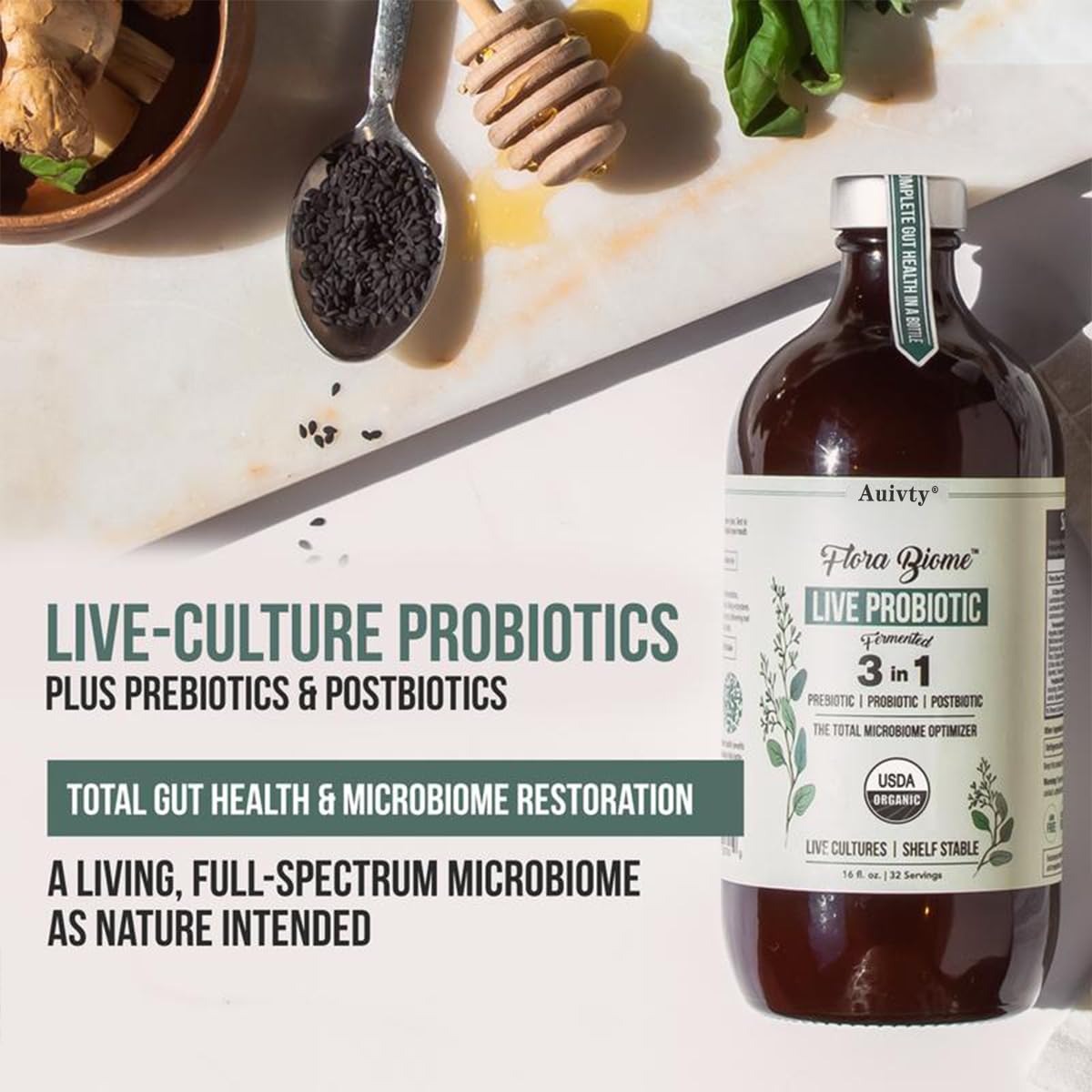 Auivty Flora Biome Live Probiotic Liquid, 3-in-1 Probiotic + Prebiotic + Postbiotic, 30 Billion CFU (at Time of Manufacture), 10 Strains, Fermented Herbal Blend with 18 Herbs, Shelf Stable, 16 fl oz Auivty Au supplements