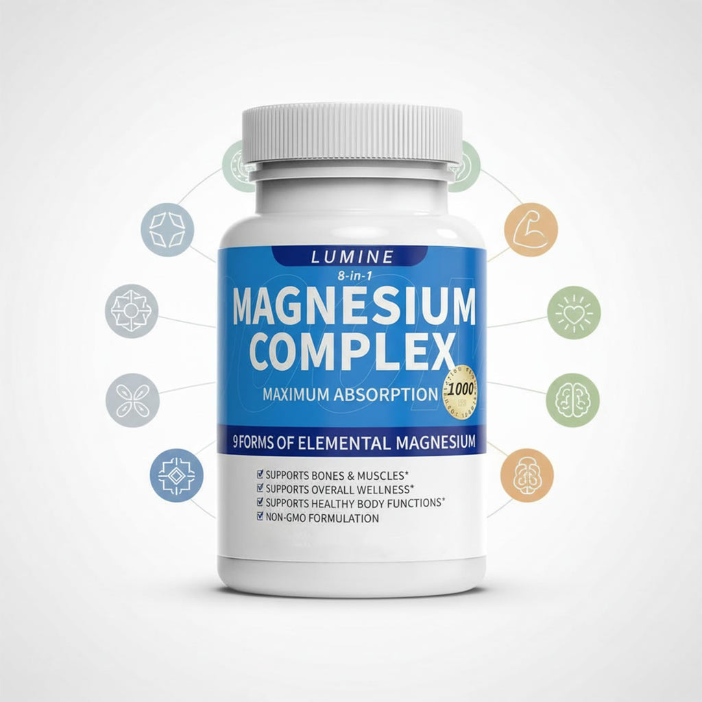 Lumine Magnesium Complex Supplement - Advanced 8-in-1 Elemental 1000mg- Glycinate, Citrate, Malate, Taurate
