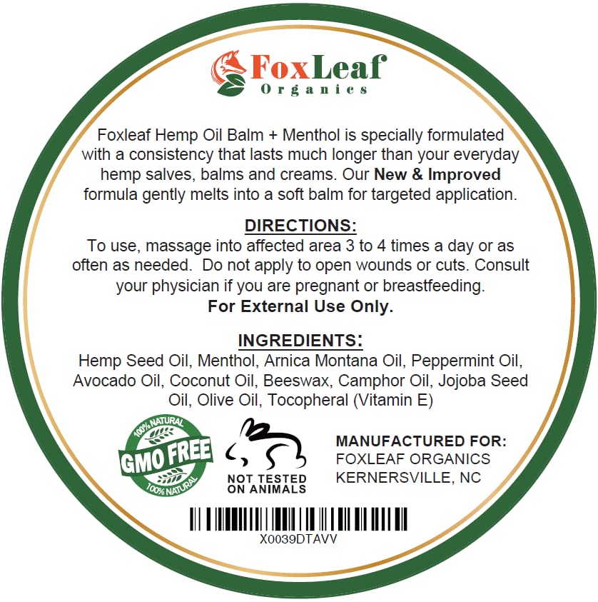 Hemp Oil Balm with Arnica, Camphor, Menthol & Peppermint, Herbal Cooling Balm for Muscles, Joints, Knees, Back & Body, Made in USA, 2oz FOXLEAF Au supplements