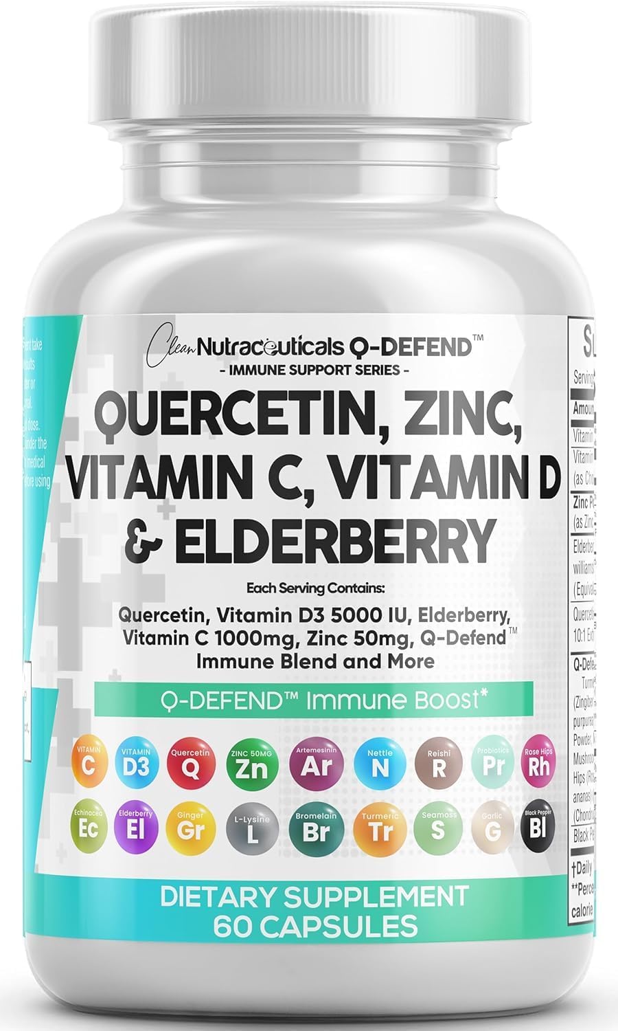 Q Defend Quercetin Supplement with Zinc Vitamin C Vitamin D Elderberry Turmeric Black Pepper Garlic Ginger Sea Moss Lysine Stinging Nettle Reishi Mushroom Immune