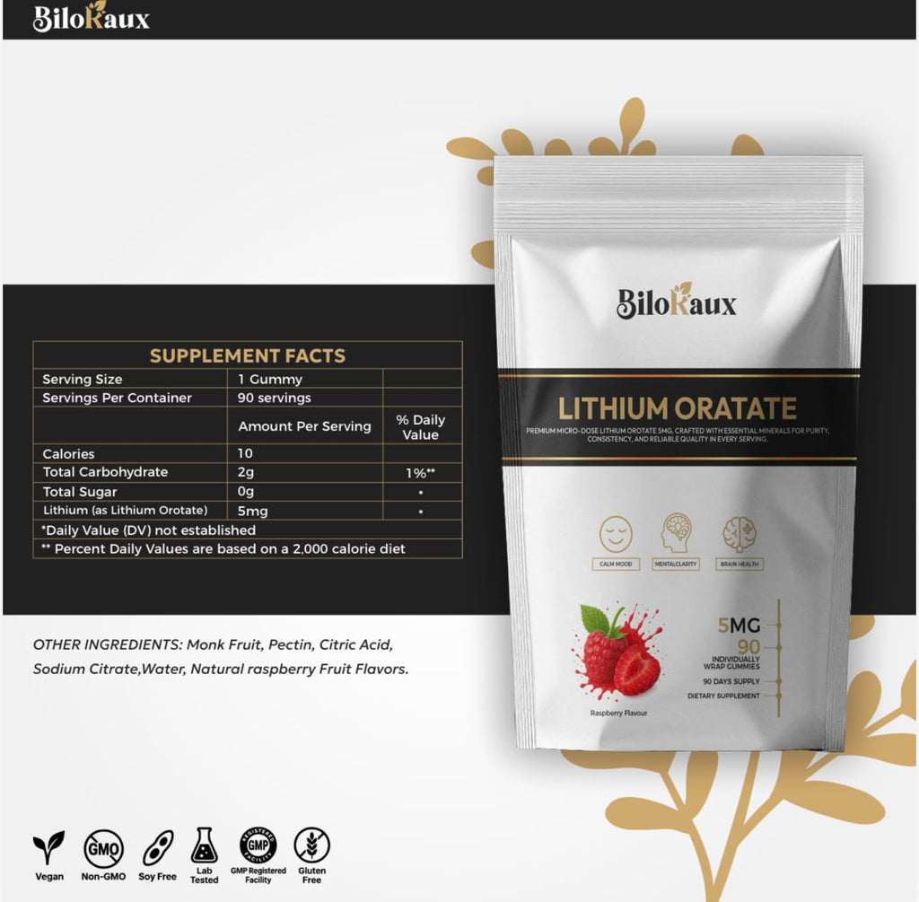 BiloRaux Lithium Orotate 5mg Gummies – Premium Microdose Lithium Supplement for Calm Balance & Focus – Natural Raspberry Flavour – 90 Vegan Gummies