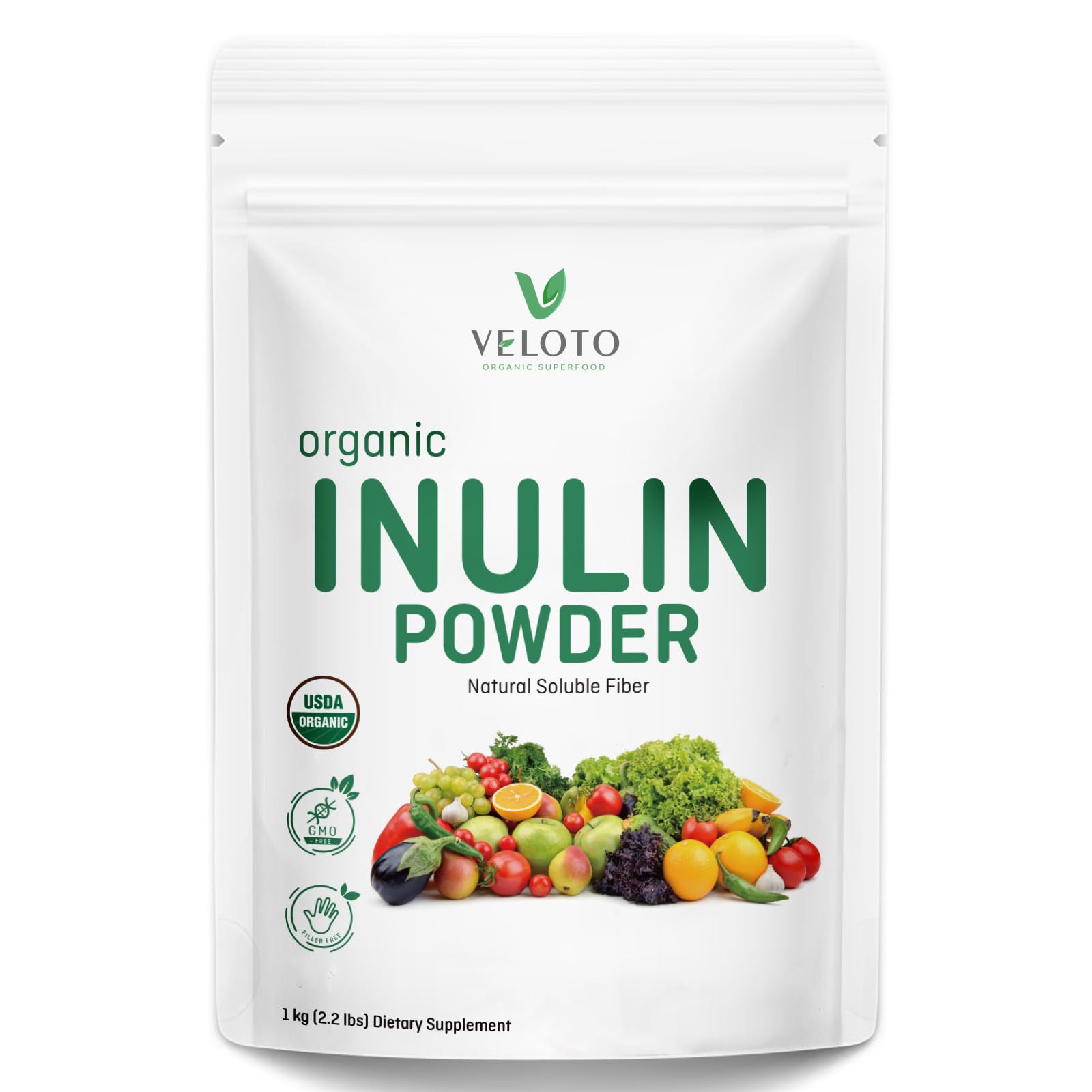VELOTO Organic Inulin Powder – Prebiotic Fiber Supplement for Smoothies & Drinks, 2.2 lb, Flavorless, Water Soluble, Vegan & Non-GMO