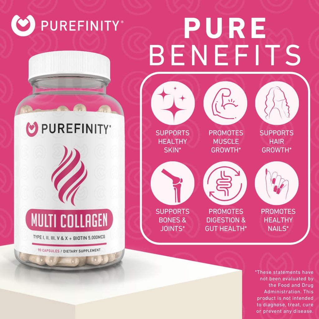 PUREFINITY Collagen Peptides for Women – Type I, II, III, V & X with Biotin & Hyaluronic Acid, Supports Healthy Skin, Bones, Hair & Nails – Non-GMO, Grass-Fed (90 Capsules, 1 Month Supply) PUREFINITY Au supplements