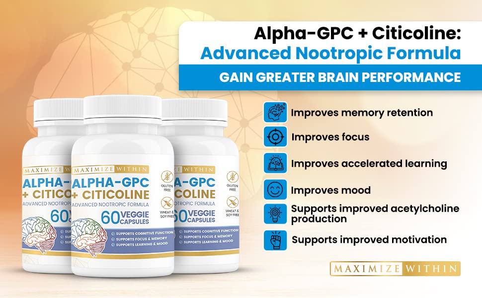Maximize Within Alpha GPC + Citicoline 60 Ct, 1600mg Concentrated Formula- 99%+Highly Purified & Bioavailable Nootropic-Cognitive Enhancer, Supports Memory, Brain Function, Boosts Focus, Mood & Energy Maximize Within Au supplements