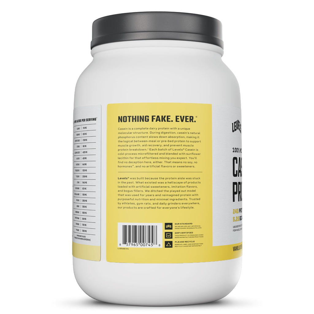 Levels 100% Micellar Casein Protein, Hormone Free, Vanilla Bean, 2LB