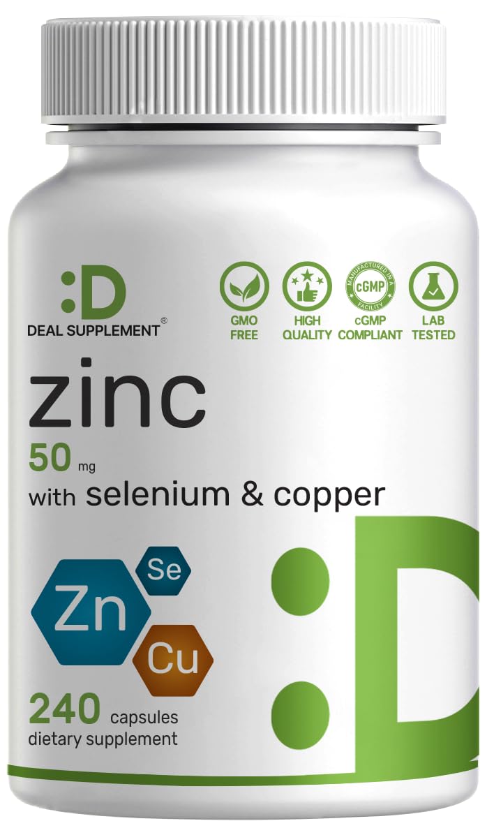 Deal Supplement Zinc 50mg with Selenium + Copper, 240 Capsules, 8 Month Supply, 3 in 1 Mineral Formula, Zinc Picolinate Complex Supplement