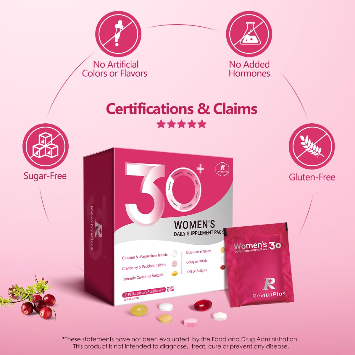 RevitaPlus Multivitamin for Women with Vitamin A,B,C,D3,E,K2,Biotin, Collagen,Krill Oil,Cranberries Supports Energy,Wellness,Beauty and Immune - Vitamin Packs for Women Health 30 Packs RevitaPlus Au supplements