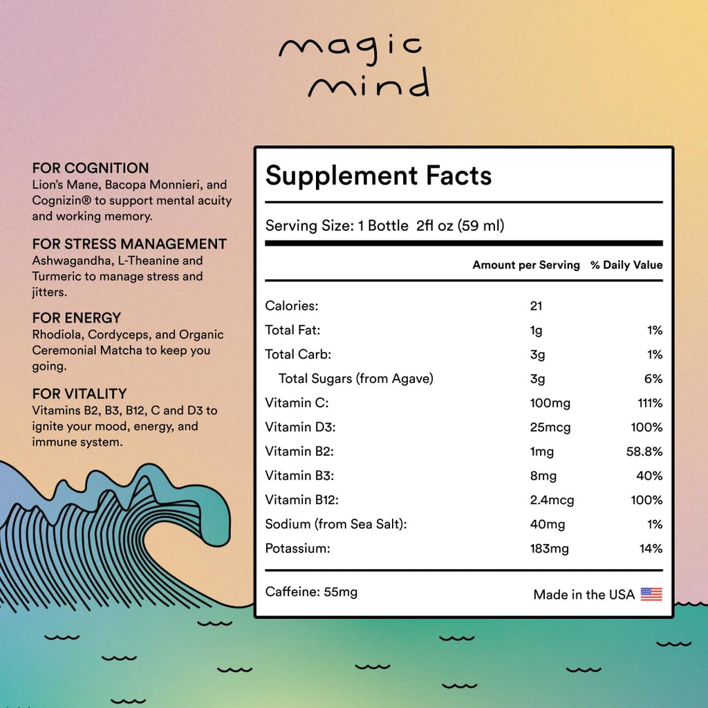 Magic Mind Focus Energy Drink Shots - No Jitters, Stress Relieving, Ashwagandha, Functional Mushrooms, Matcha Green Tea, Vitamin B12, Vitamin C - 2 FL Oz (5 Pack) Magic Mind Au supplements