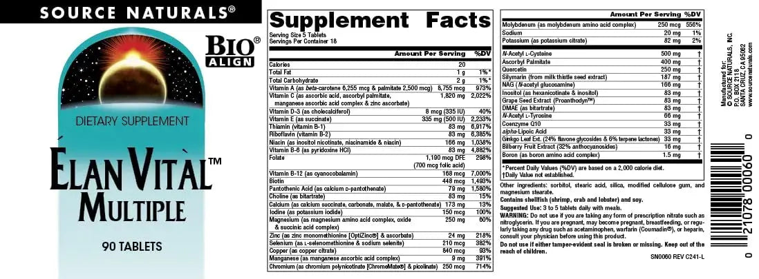 Source Naturals Elan Vital Multiple, for Multiple Body System Support* - 90 Tablets Source Naturals Au supplements