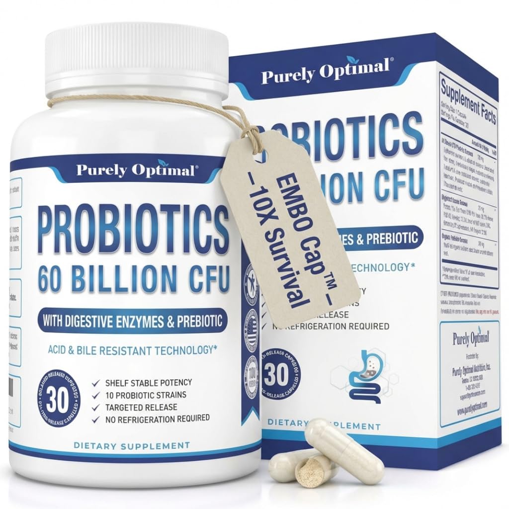 Purely Optimal Probiotics for Digestive Health, 60 Billion CFU – Delayed-Release with Digestive Enzymes & Organic Prebiotics – Bloating, Immune & Energy Support, 30 Caps Purely Optimal Au supplements