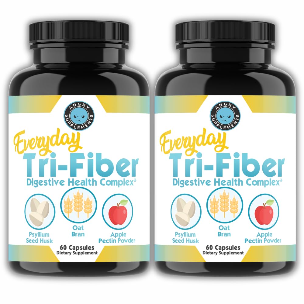 Angry Supplements Tri-Fiber Digestive Health Complex – Psyllium Husk, Oat Bran & Apple Pectin – Prebiotic Fiber for Gut Health & Regularity – 60 Capsules (2-Bottles)
