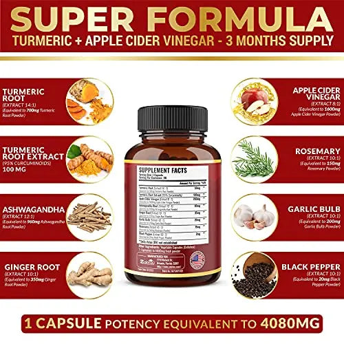 7 in 1 Turmeric Curcumin + Apple Cider Vinegar Capsules, Equivalent to 4080mg Zolotus Au supplements