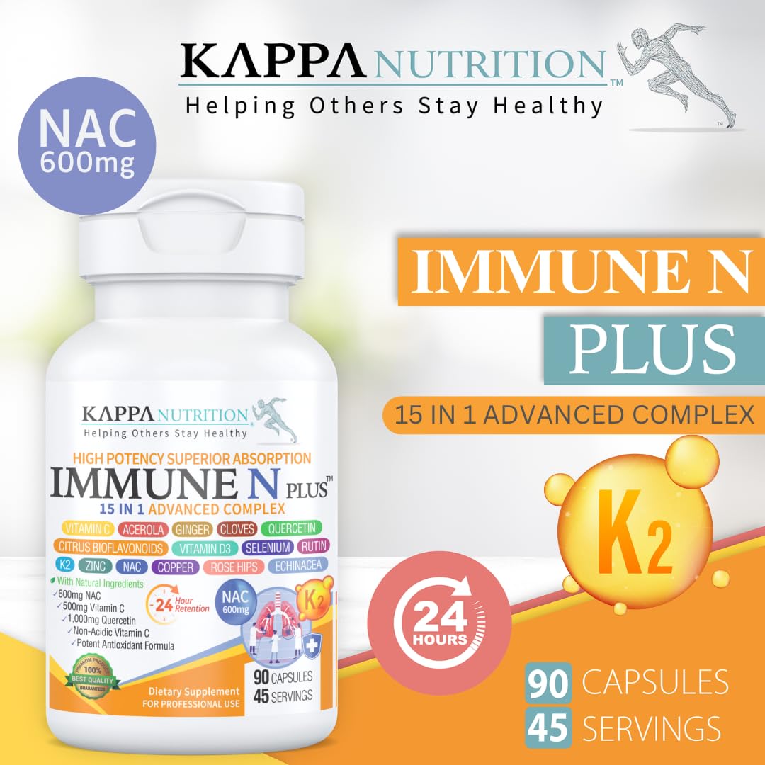 (90 Capsules), NAC 600mg, Quercetin 1,000mg, Vitamin C 500mg, Zinc 50mg, Vitamin D3 5,000iu, Selenium, Copper, Acerola, Ginger, Rutin, Citrus Bioflavonoids, Rose Hips, Echinacea, Immune N Plus 15 in 1 KAPPA NUTRITION Au supplements