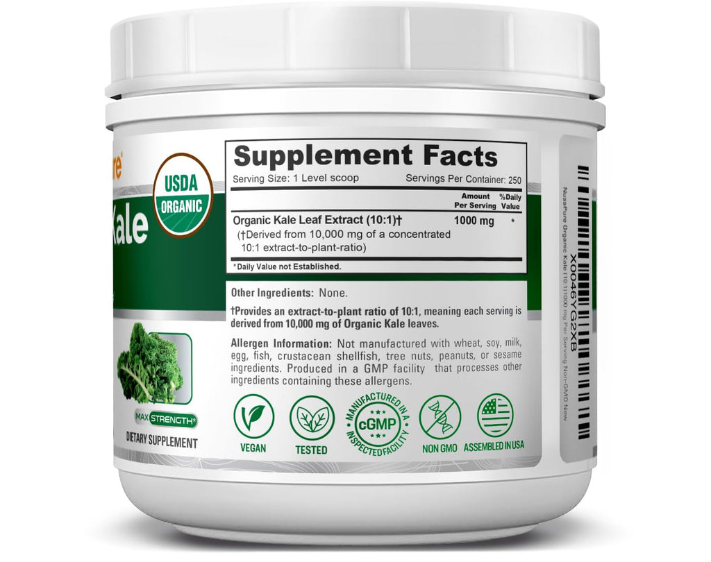 NusaPure Organic Kale Powder Extract 10:1 - Suitable for Vegetarian/Vegan, Non- GMO - 10,000 mg - 250 Capsules NusaPure Au supplements