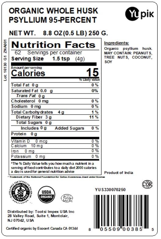 Yupik Organic Whole Husk Psyllium 8.8 Oz, 95% Purity, Soluble Fiber, USDA Certified, Non-GMO, Kosher, Gluten-Free, Sugar-Free & Fat-Free, Unflavored