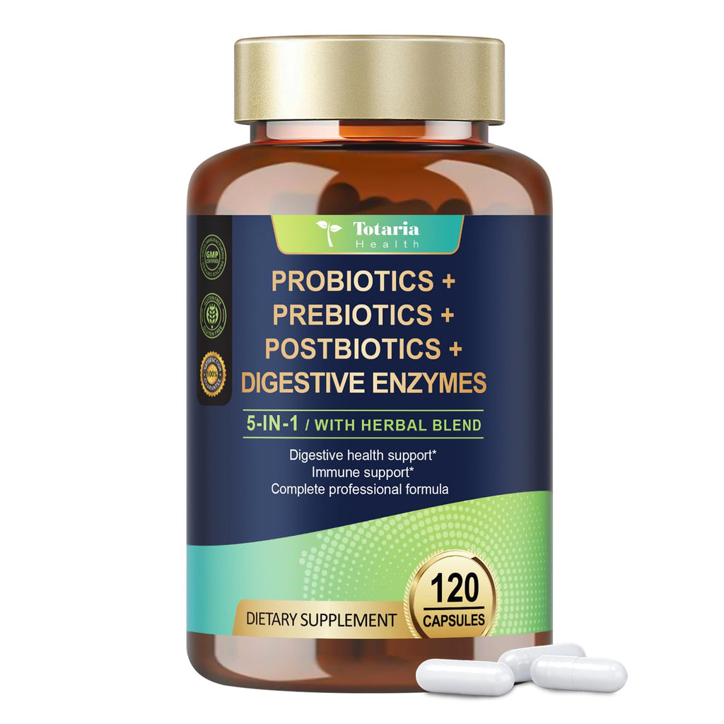 Totaria 5-in-1 Probiotic Prebiotic & Postbiotic for Women Men, 60 Billion CFU 24 Strains w/Digestive Enzymes, Prebiotic Fiber, Slippery Elm