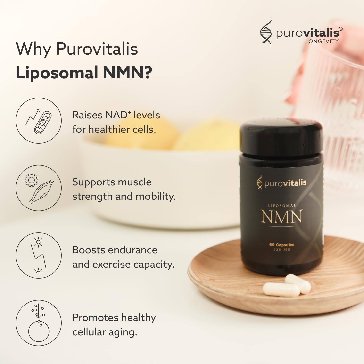 PUROVITALIS Liposomal NMN, 250mg Longevir Nicotinamide Mononucleotide Supplement, NAD+ Boost for Cellular Health, Energy & Healthy Aging, 1-Month Supply (60 Vegan Capsules) PUROVITALIS Au supplements