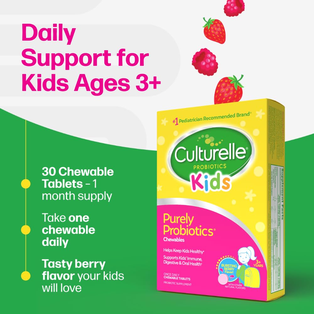 Culturelle Kids Chewable Daily Probiotic for Kids, Ages 3+, 30 Count, #1 Pediatrician-Recommended Brand, Natural Berry Flavored Daily Probiotics