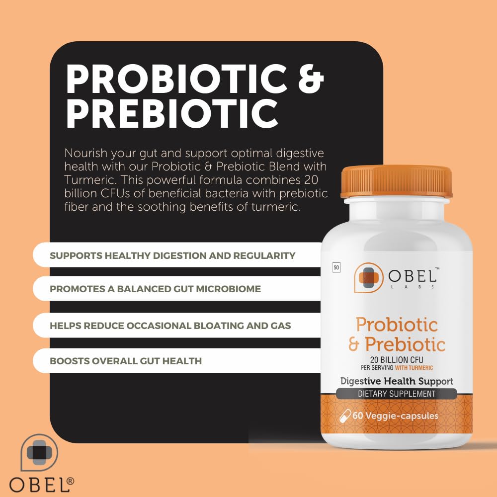obel Probiotic & Prebiotic Supplement with Turmeric | 20 Billion CFU | 60 Capsules (30 Day Supply) | 4 Strains | Supports Digestion