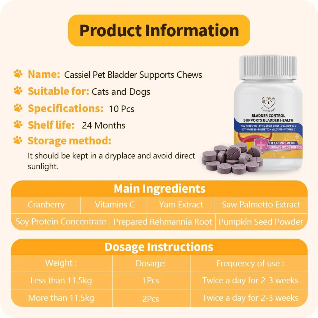 Cassiel Pet Bladder Supports Chews for Urinary Tract Health, Infection Treatments, Bladder Health, Dog UTI, Bladder Stones, Incontinence Support, Urinary Pain Relief for Cat & Dog 10 Chews (1 Bottle) Cassiel pet Au supplements