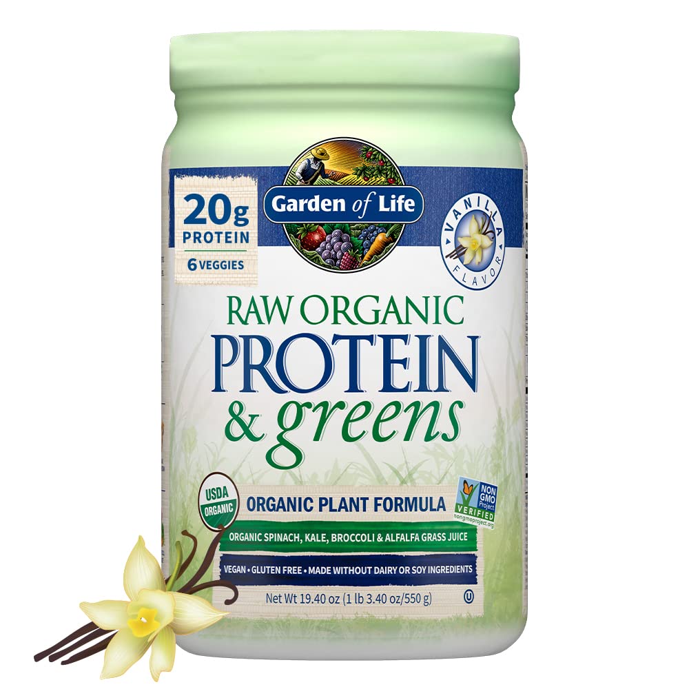 Garden of Life Raw Protein & Greens Vanilla Protein Powder – 20g Plant Based Greens Powder, Probiotics & Enzymes, Post-Workout Recovery, Vegan, Gluten-Free, Non-GMO, 20 Servings