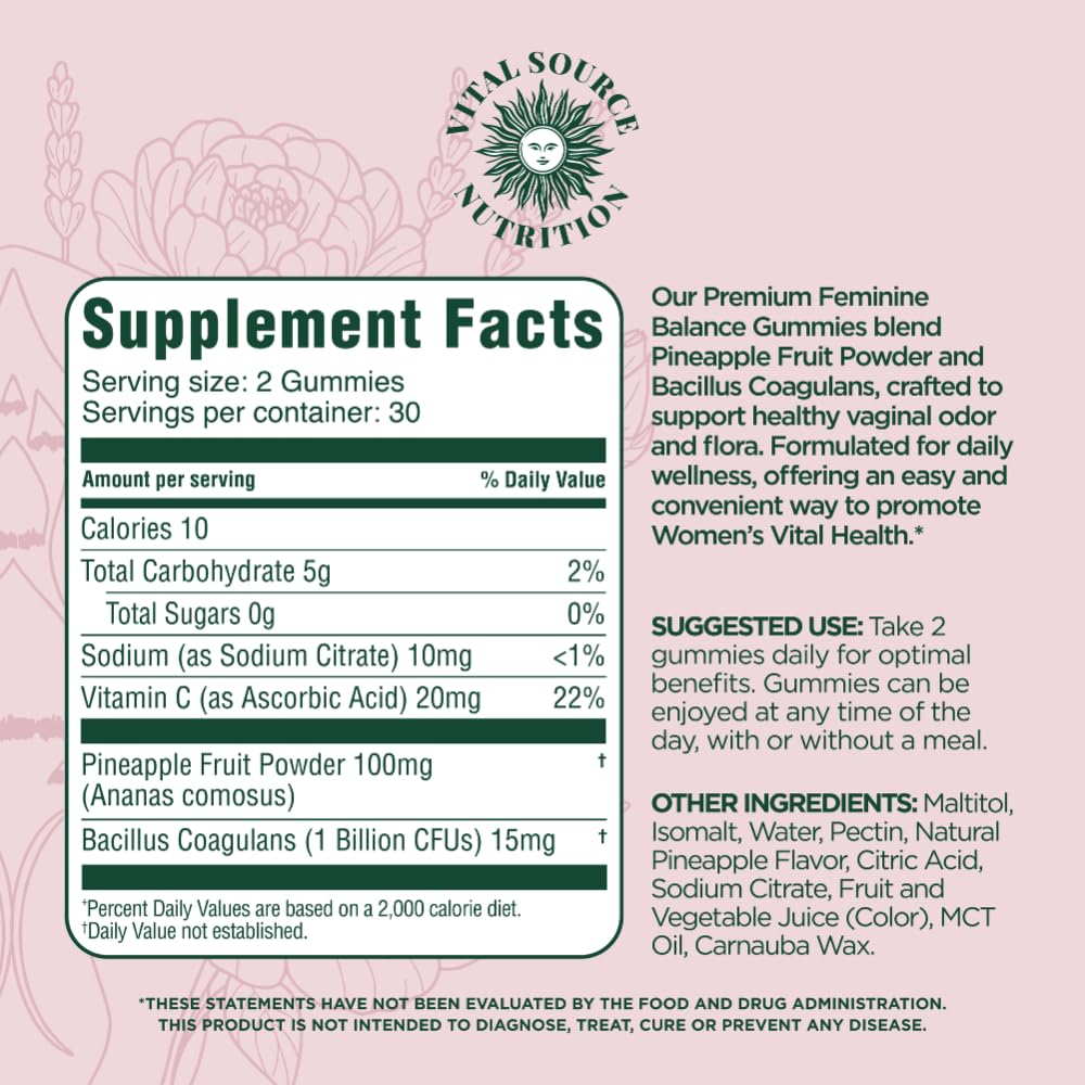 Vital Source Nutrition Vaginal Probiotic Gummies for Women - pH Balance and Immune Defense, Support Healthy Odor and Vaginal Flora - Vegan, Gluten-Free