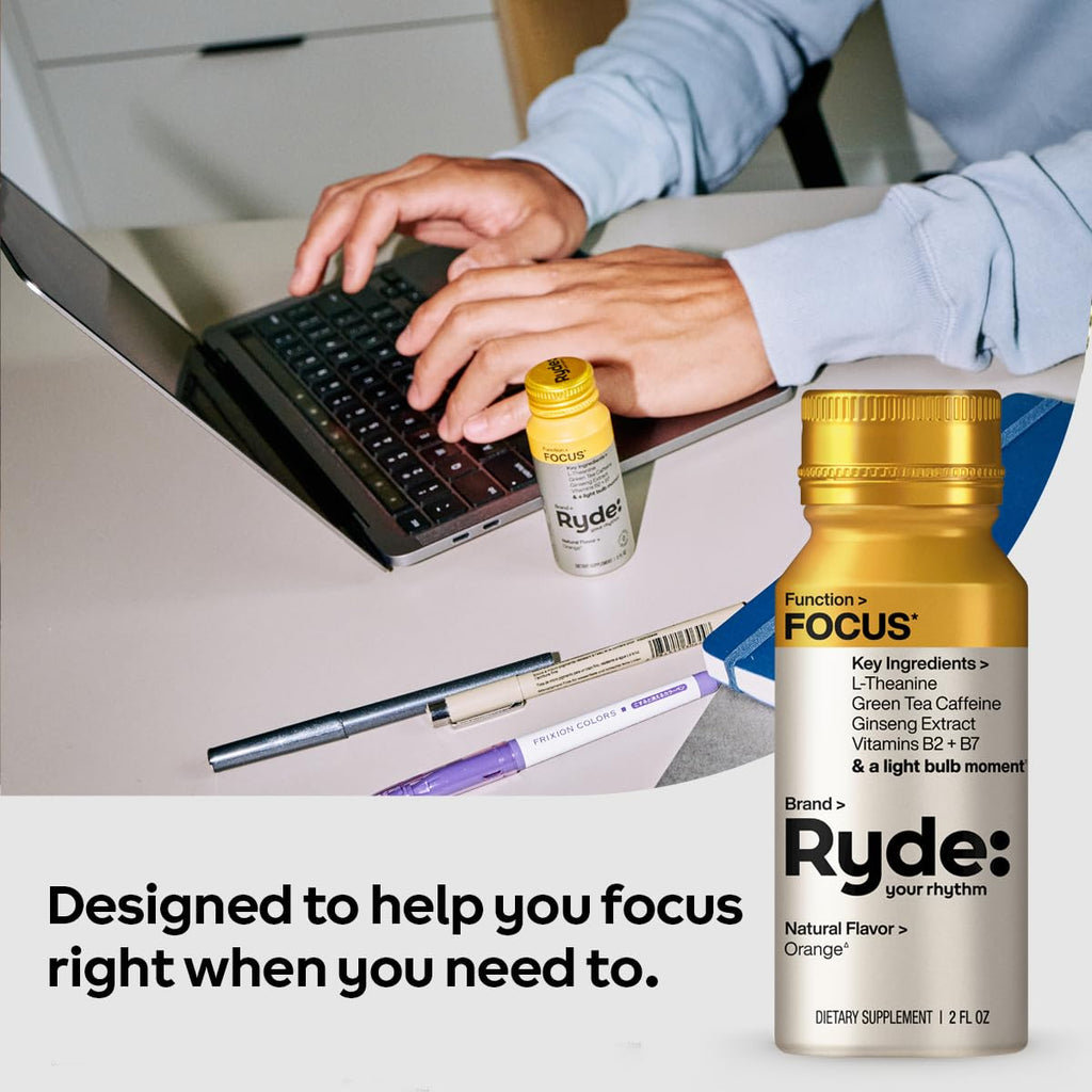 Ryde: Focus Shot | Orange Flavor | L-Theanine & Ginseng | Green Tea Caffeine | Vitamins B2 & B7 | 0 Calories, 0 Sugar | 2 FL OZ Shots | Supports Focus* (8 Pack) RYDE Au supplements