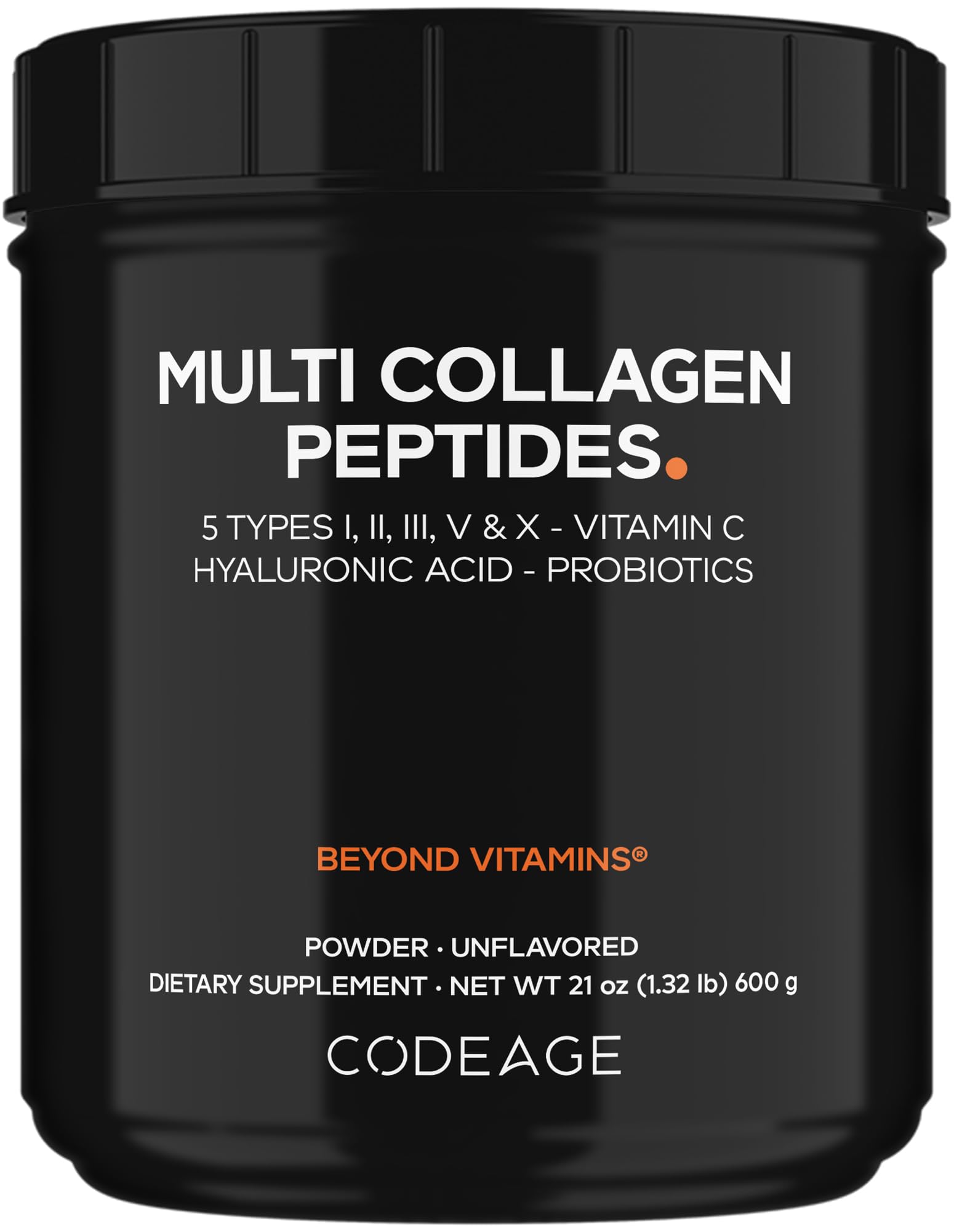Codeage Multi Collagen Peptides + Probiotics Black Edition, Vitamin C, Hyaluronic Acid Powder Supplement, Grass-Fed, Pasture-Raised, Hydrolyzed, Zero Carbs, Type I, II, III, V & X, Unflavored, 21oz Codeage Au supplements