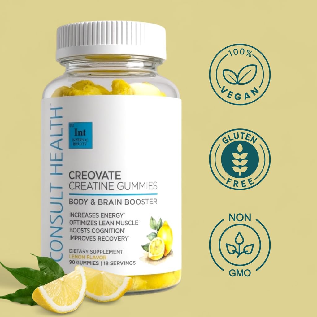 Consult Health CREOVATE CREATINE MONOHYDRATE Gummies 5g Dose for Men & Women to Support Muscle, Strength, Recovery, Cognitive Health & Memory, Zero Sugar, Gluten Free, Natural Lemon, 90 Count Consult Health Au supplements