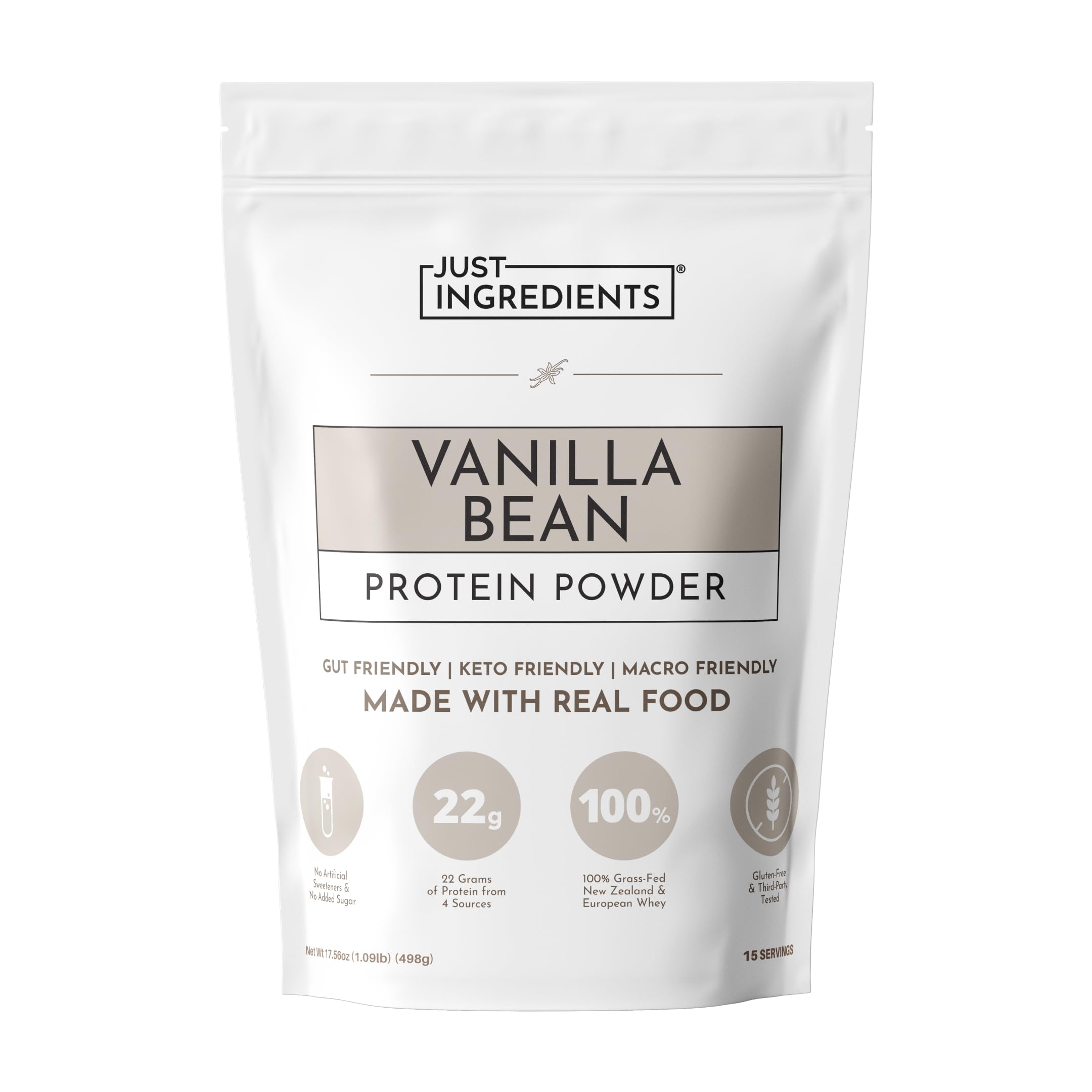 JUST INGREDIENTS Vanilla Protein Powder - Grass-Fed Whey Blend, Organic, Gluten Free, Dairy Free, Soy Free - 15 Servings, 22g Protein