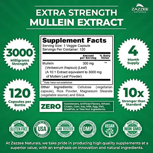 Zazzee Extra Strength Mullein 10:1 Extract, 3000 mg Strength, 120 Vegan Capsules Zazzee Au supplements
