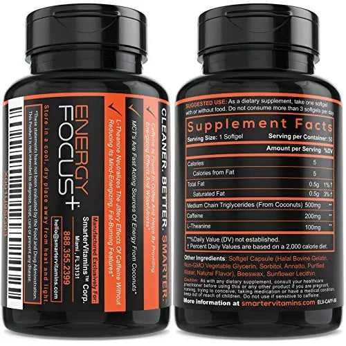 200mg Caffeine Pills - MCT Oil from 100% Coconuts + 100mg L-Theanine, Advanced Energy SmarterVitamins Au supplements