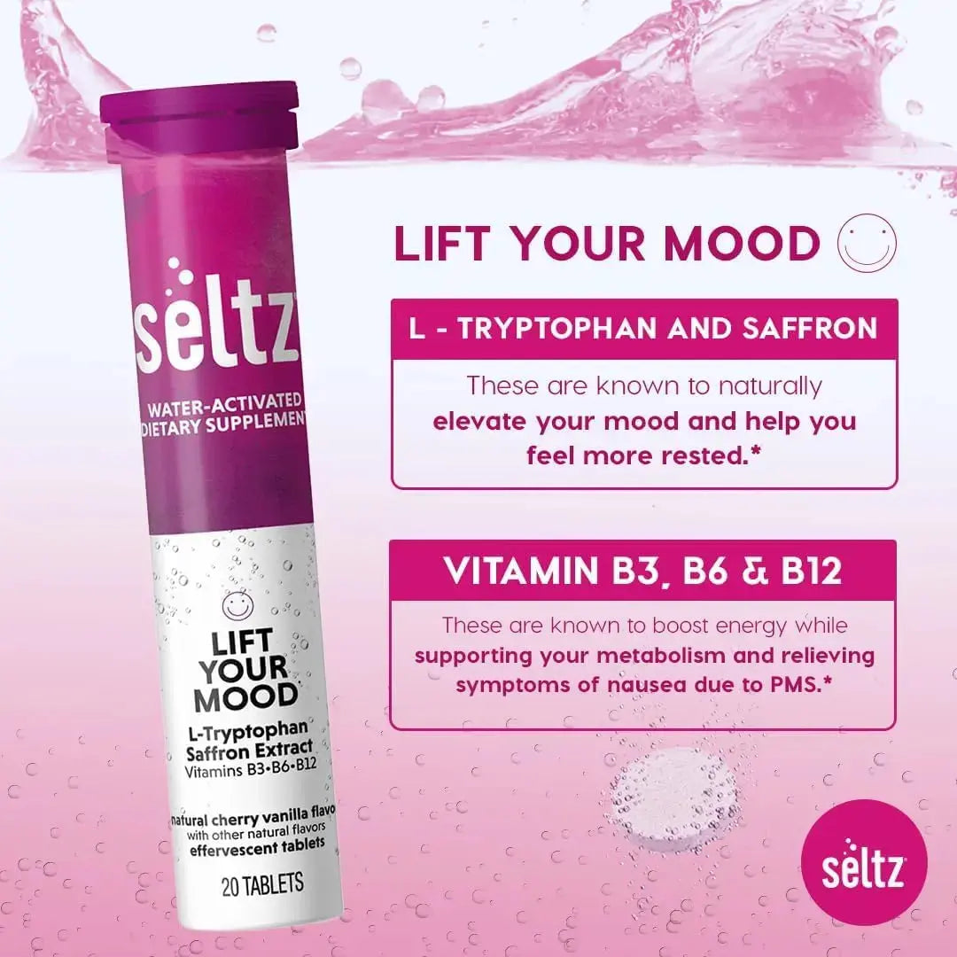 Seltz® Lift Your Mood – Effervescent Vitamins for Mood Support & Energy with L-Tryptophan, Saffron Extract & B Vitamins (B3, B6, B12) Seltz Au supplements