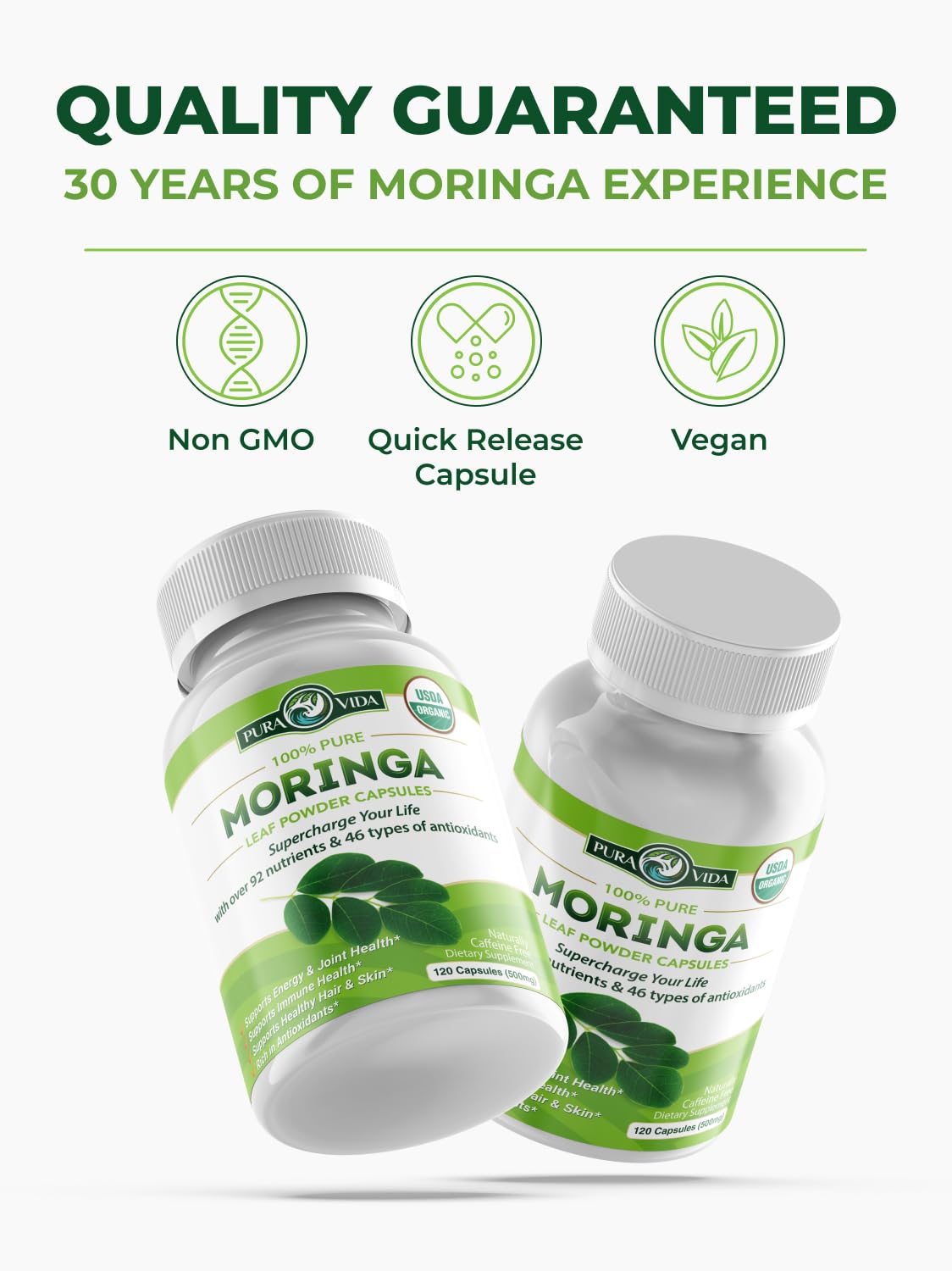 PURA VIDA MORINGA Organic Moringa Capsules, Pure Moringa Leaf Powder Single Origin for Energy, Metabolism & Immune Support