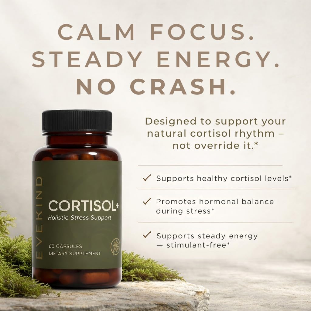 EVEKIND Cortisol Manager + Women’s Stress Relief & Hormone Balance Supplement – Adrenal Support for Mood, Focus & Energy – KSM-66® Ashwagandha, Rhodiola, L-Theanine – Vegan, Non-GMO, 60 Capsules EVEKIND Au supplements