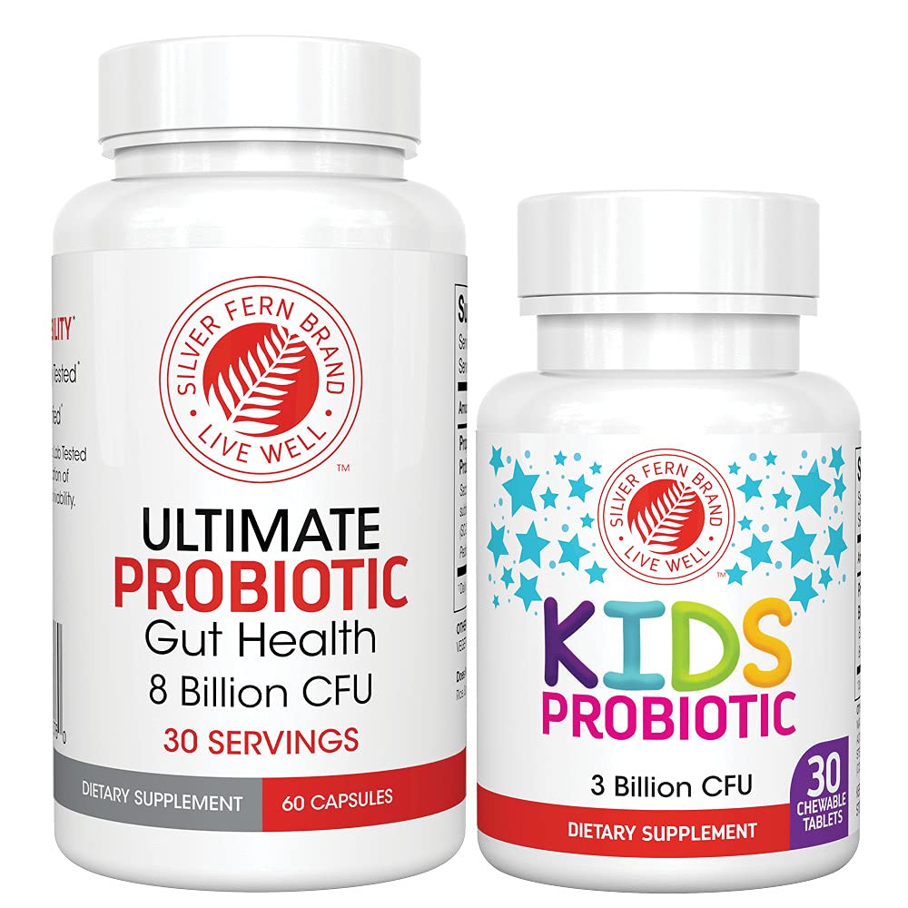 Silver Fern Brand Family Probiotics - Ultimate Adult Probiotic (1 Bottle = 60 Capsules) Plus Ultimate Children's Probiotic for Kids (1 Bottle = 30 Chewables) - Gut Health & Microbiome Support