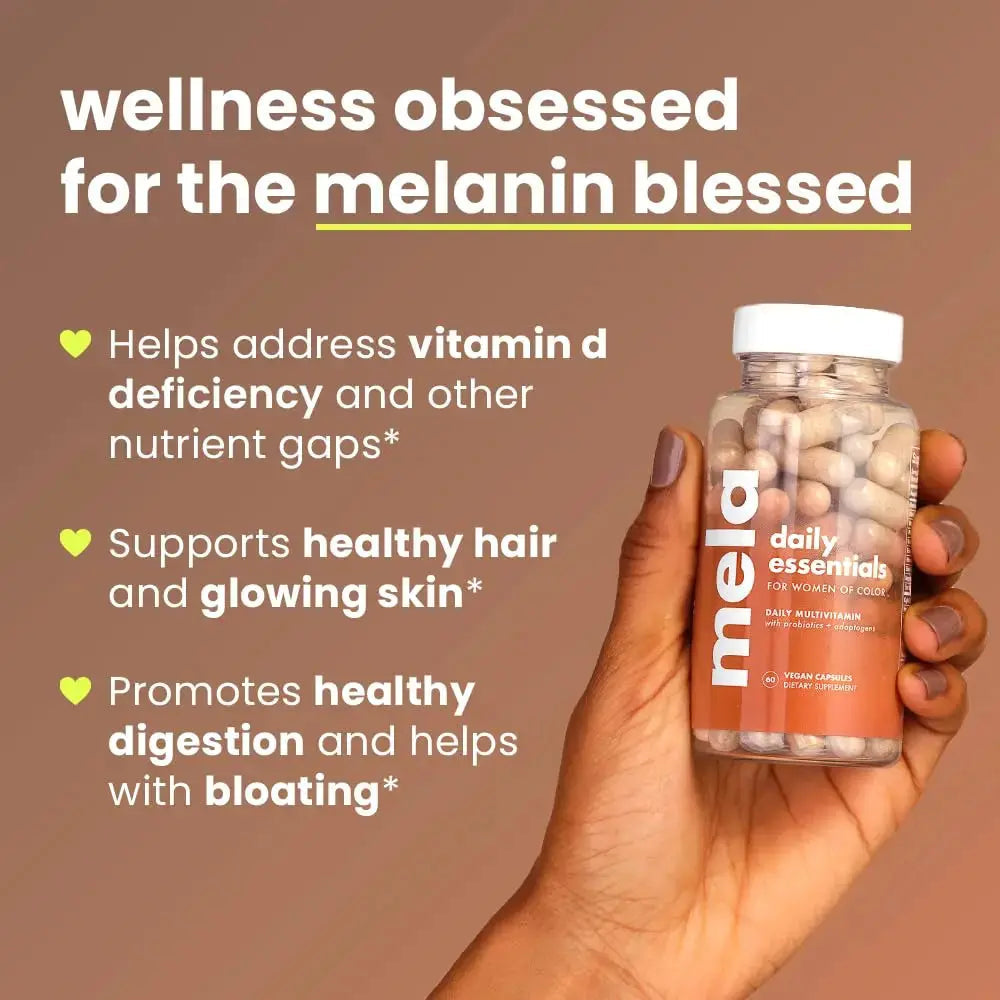 Mela Daily Essentials Multivitamin for Melanated Women - High-Dose Vitamin D3 and B12, Probiotics, Lion's Mane, Ceylon Cinnamon Mela Au supplements
