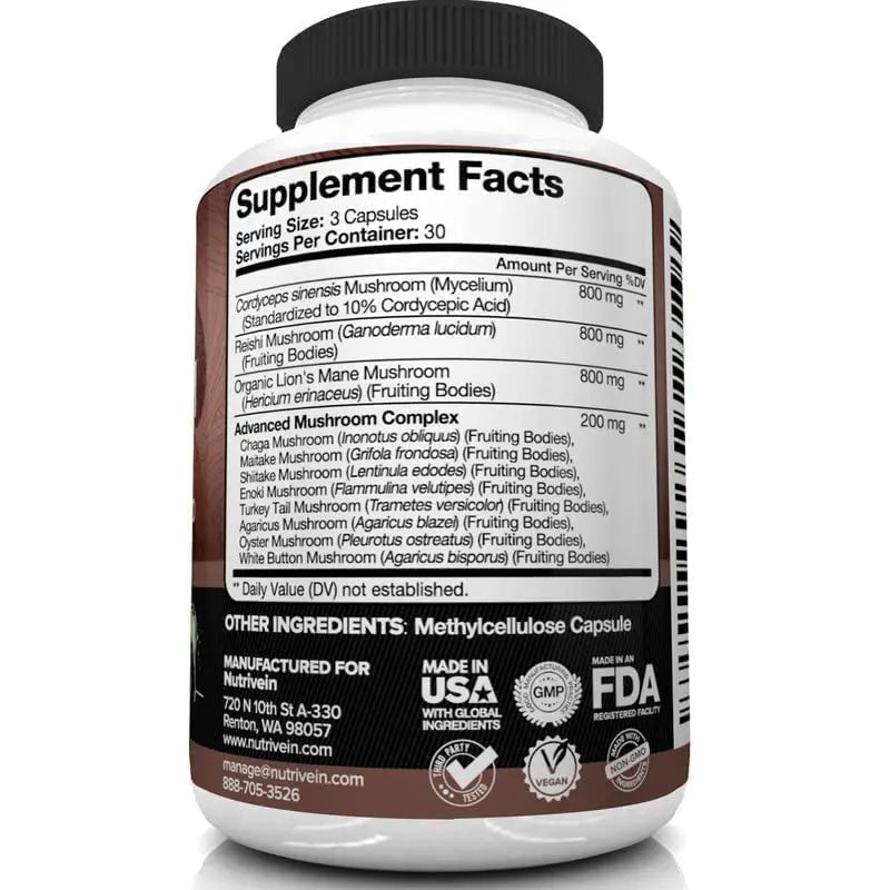 Nutrivein Mushroom Supplement - 2600mg - 90 Capsules - 11 Organic Mushrooms Nutrivein Au supplements