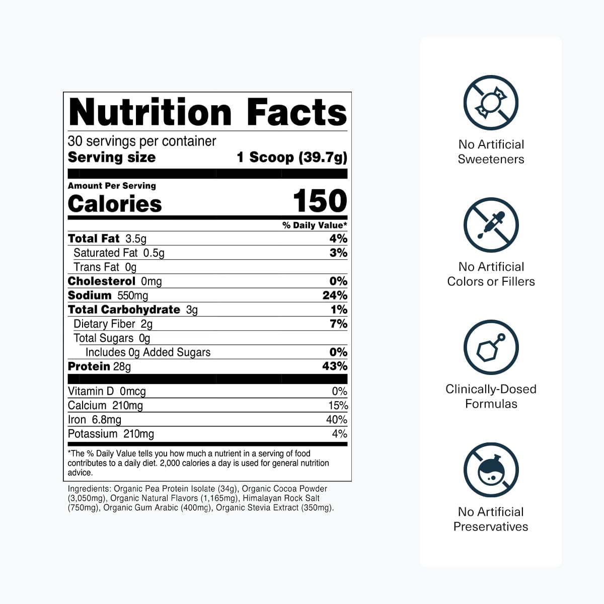 Transparent Labs 100% Pea Protein Powder - 28g Organic Plant Protein per Serving, Clean Pea Isolate Powder, USDA Organic, Vegan, Gluten-Free, Sugar-Free, Non-GMO - 30 Servings, Chocolate