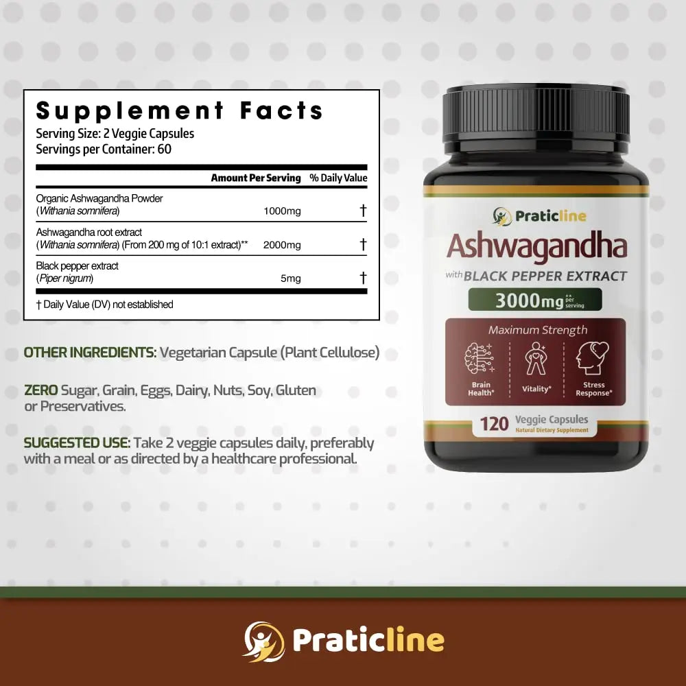 PRATIC LINE Ashwagandha Capsules 3,000 mg - 120 Vegan Cap Made with Organic PRATIC LINE Au supplements
