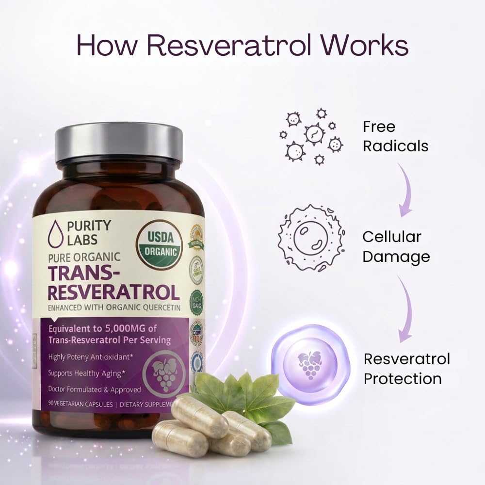 Purity Labs Trans-Resveratrol Supplement 5,000 mg Equivalent per Serving with Quercetin, USDA Organic High Potency Antioxidant,