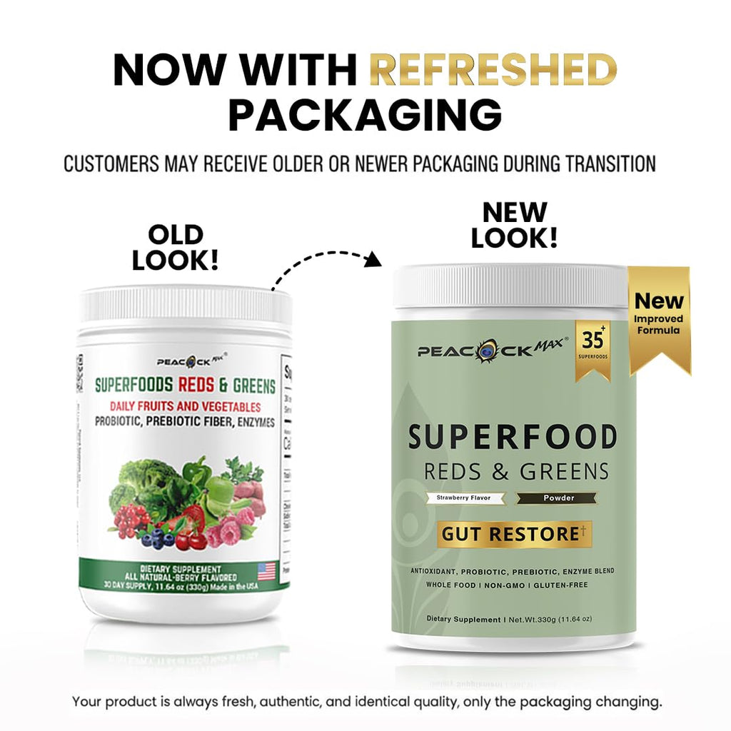 Superfood Reds & Greens Powder - 11.64 oz, Prebiotics & Probiotics for Digestive Health, Super Greens Powder with Ashwagandha for Gut Health, Immunity, Antioxidants,