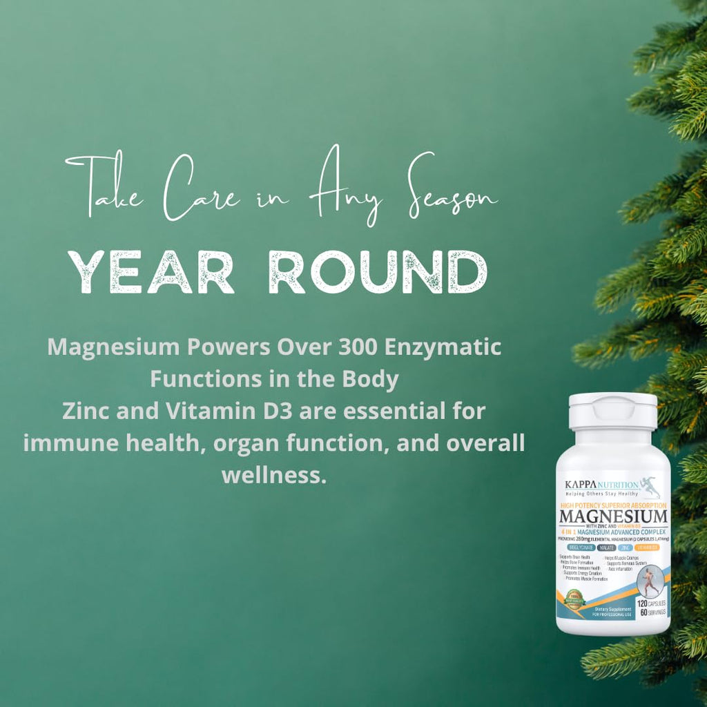 Kappa Nutrition Magnesium 4-in-1, 280mg Elemental Magnesium (Bisglycinate, Malate) + Zinc & Vitamin D3, Brain, Sleep, Energy, Muscle, Immune Support, 120 Vegan Capsules. KAPPA NUTRITION Au supplements