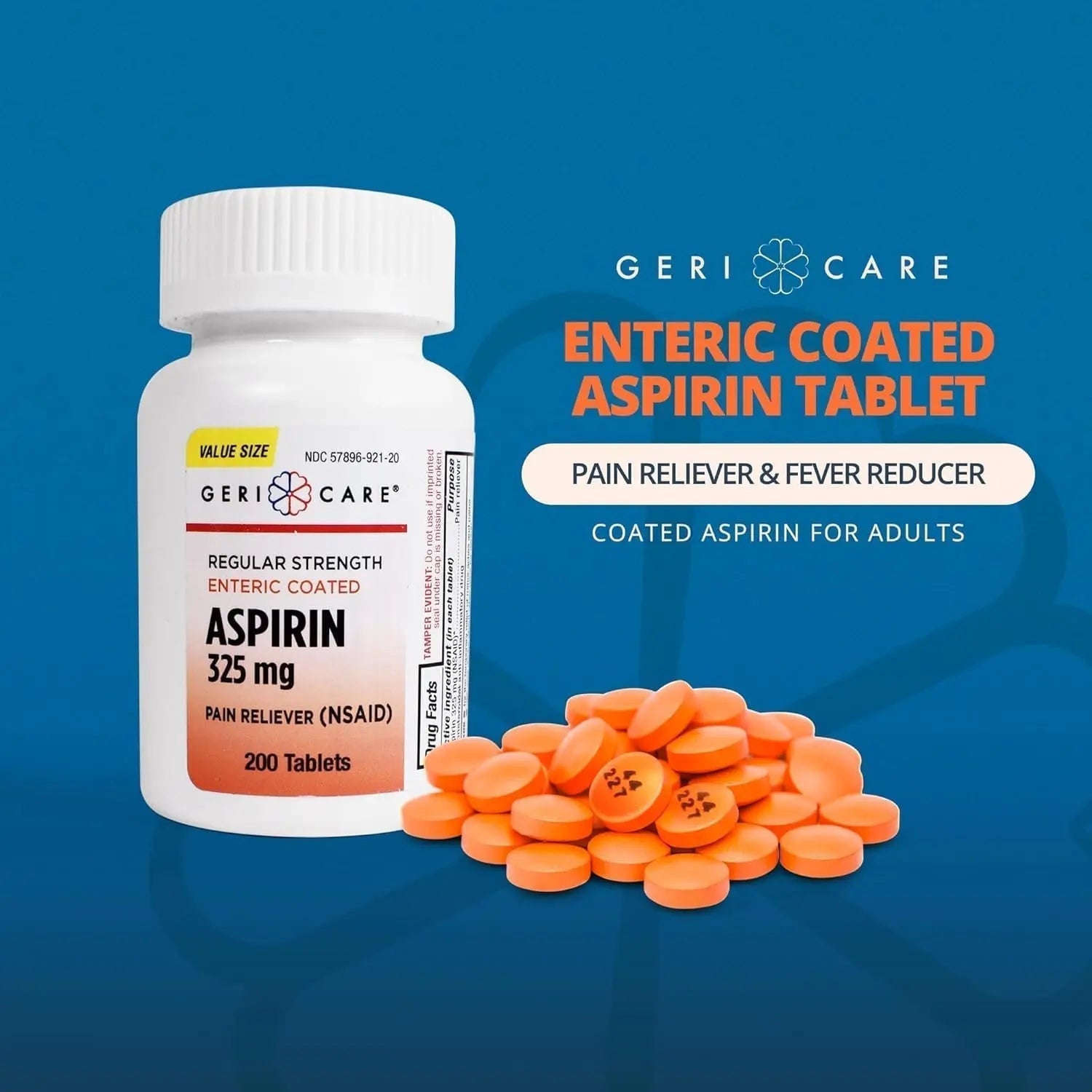 GeriCare Enteric Coated Aspirin Tablets 325mg (200 Count) NSAID Pain Reliever & Fever Reducer for Adults- Regular Strength Aspirin for Headache Arthritis Menstrual & Muscle Pain GeriCare Au supplements