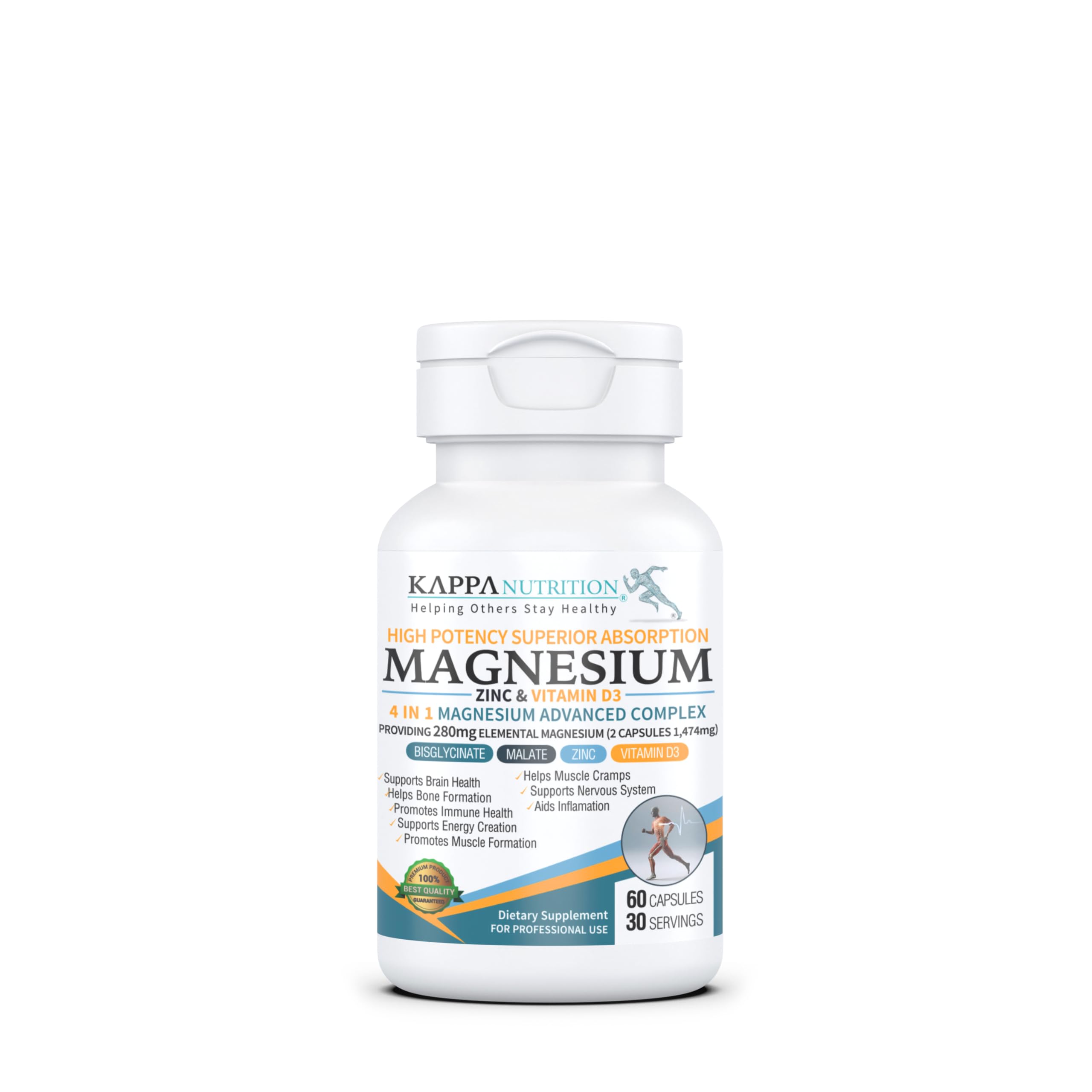 Kappa Nutrition Magnesium 4-in-1, 280mg Elemental Magnesium (Bisglycinate, Malate) + Zinc & Vitamin D3, Brain, Sleep, Energy, Muscle, Immune Support, 60 Vegan Capsules. KAPPA NUTRITION Au supplements