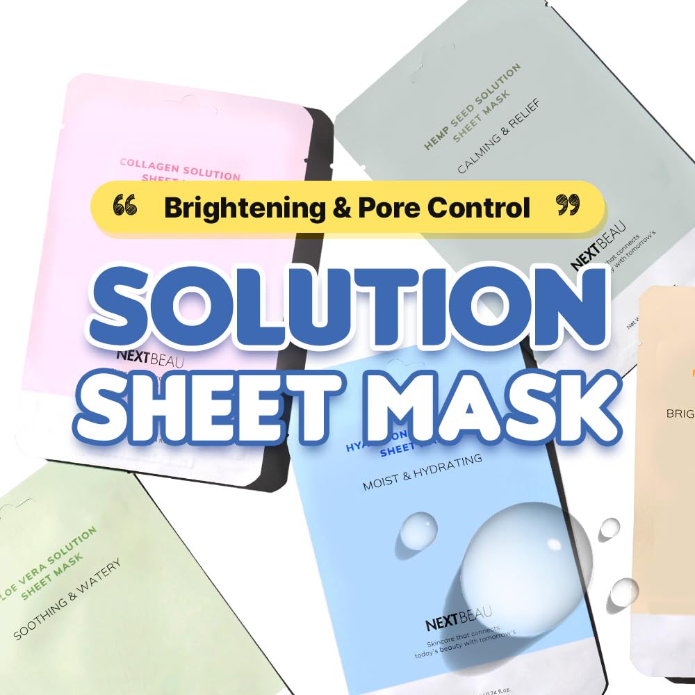 NEXTBEAU Solution Sheet Mask Variety Pack, 10 Count (5 Types x 2 Sheets), 0.74 fl oz Each, Korean Facial Sheet Masks for Daily Skincare