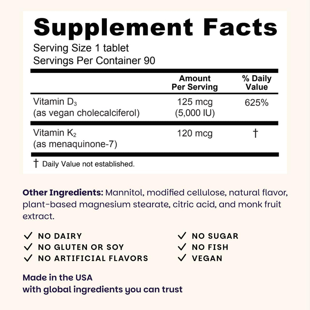 EZ Melts Dissolvable Vegan Vitamin D3 + K2 5,000 IU - Bone & Heart Health Support - Immune Function Support - No Artificial Flavors - Non-GMO - Green Apple