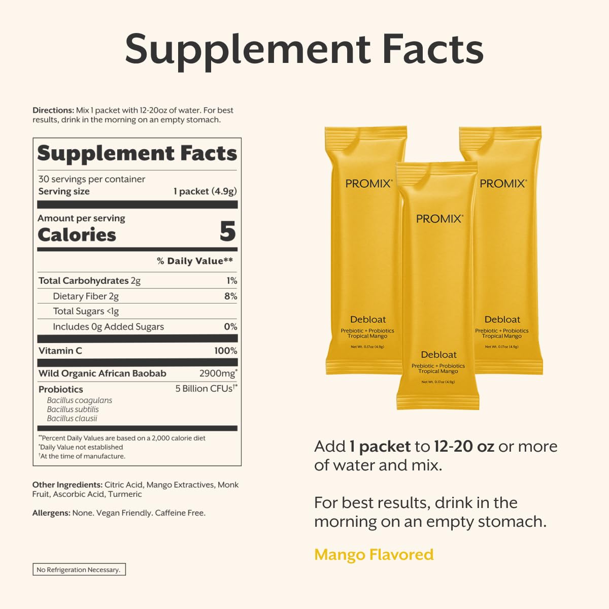 ProMix Nutrition Debloat Prebiotics and Probiotics Immune Support Supplement for Digestion, Cortisol Health, Gut Cleanse - Mango - 30 Servings (Pack of 30)